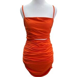 Orange Ruched Bodycon Mini Dress Cutout Waist‎ Tie Adjustable Straps Sleeveless